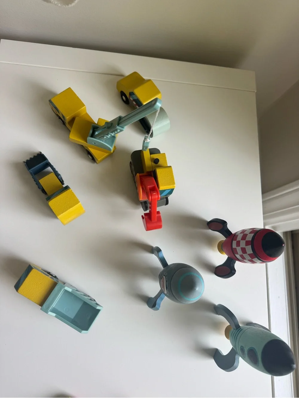 Wooden Yellow and Teal Construction Vehicles & Rocket Playset